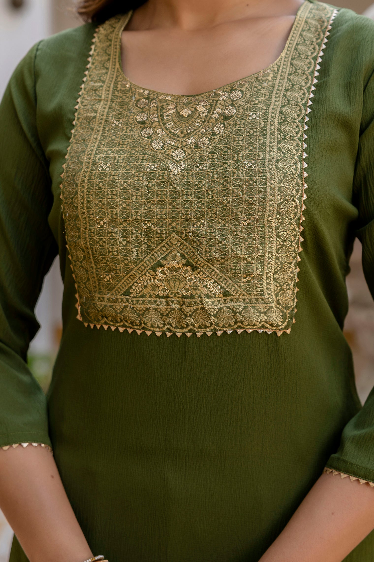 Moss-Green Tissue With Floral Print and Embroidery Kurta Set
