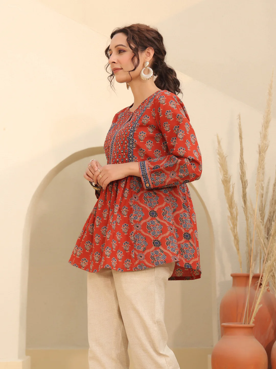 Print Mandarin Collar Cotton Top Kurti