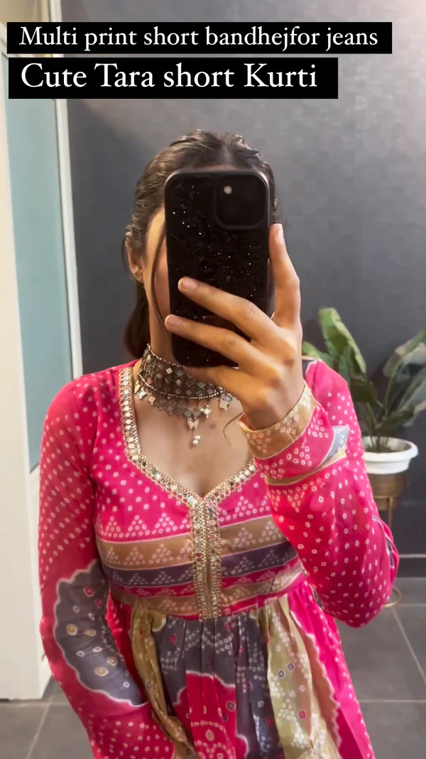 Multi Color Printed Short Bandhej Top