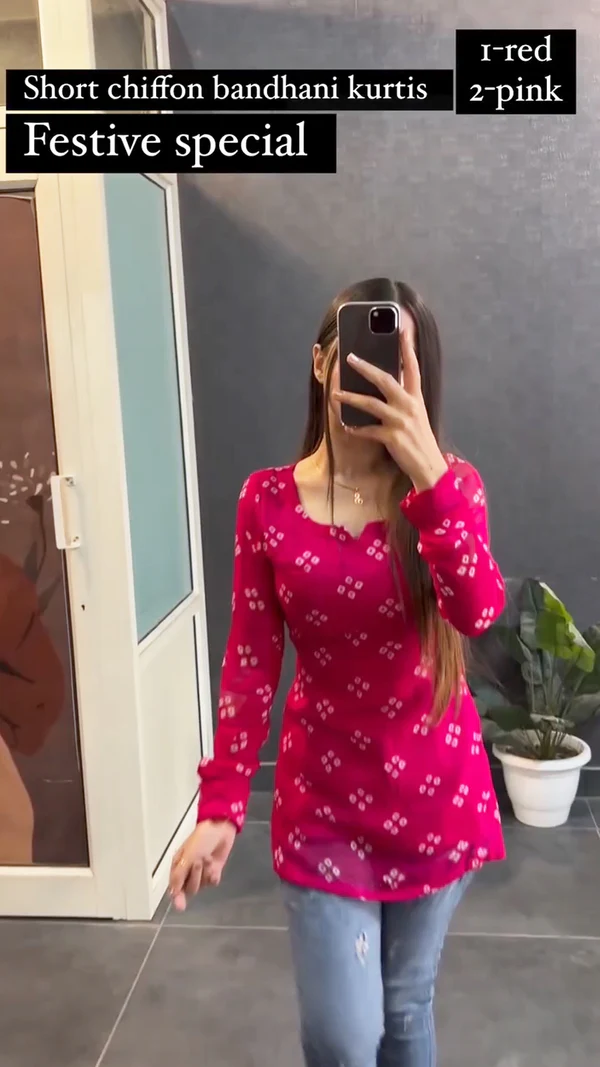 Short chiffon Bandhani Kurtis for festival