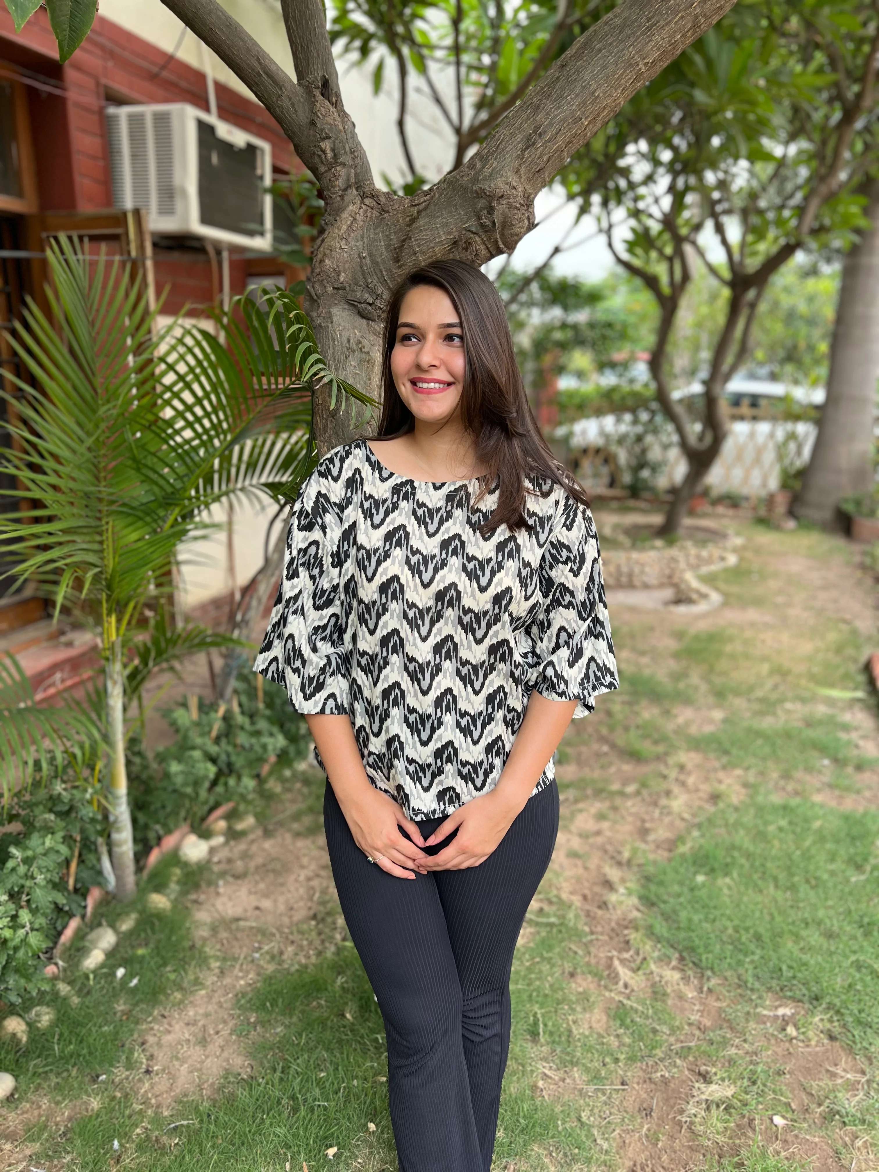 Black White abstract Indowestern Top Kurti