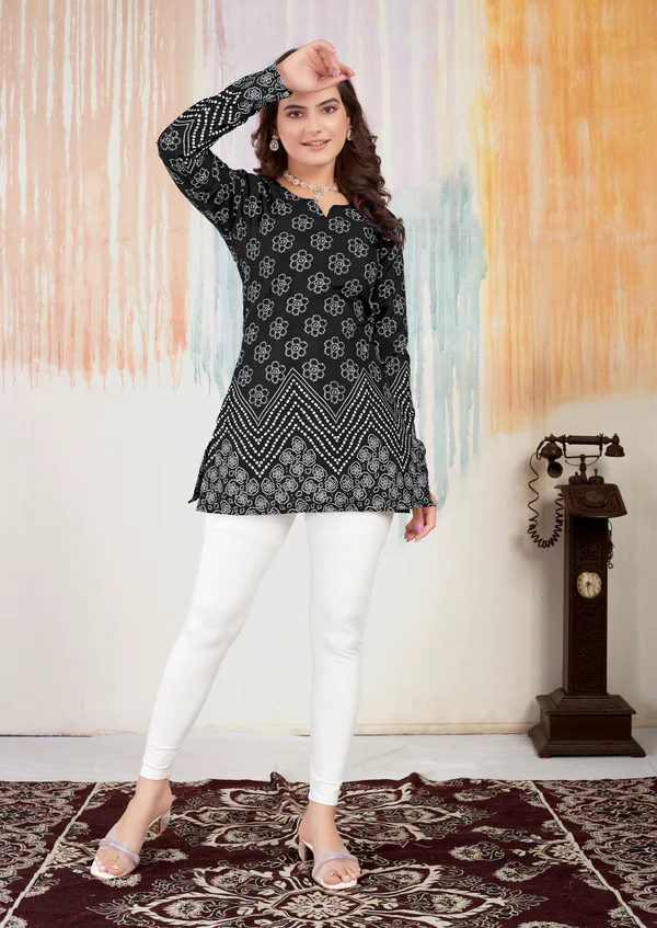 Black Floral Bandhani Printed Short Kurtis
