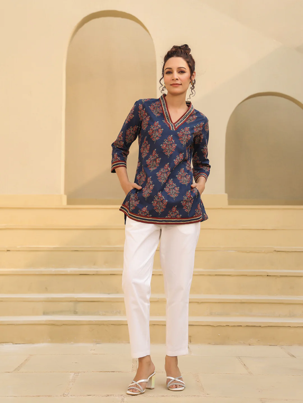 Blue Printed Blue Cotton Top Kurti