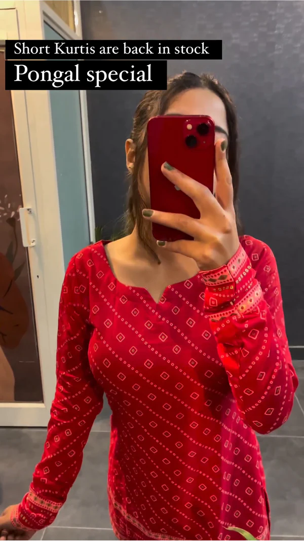 Red Printed Cotton Short Kurti for Women