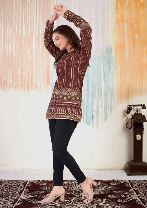 Brown Choko Moko Cotton Printed Short Kurti With Full Sleeves