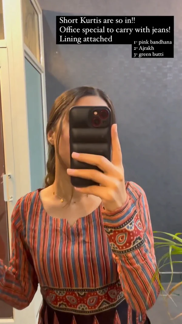 Office Special Short kurtas in Ajrakh Print Lining Attached