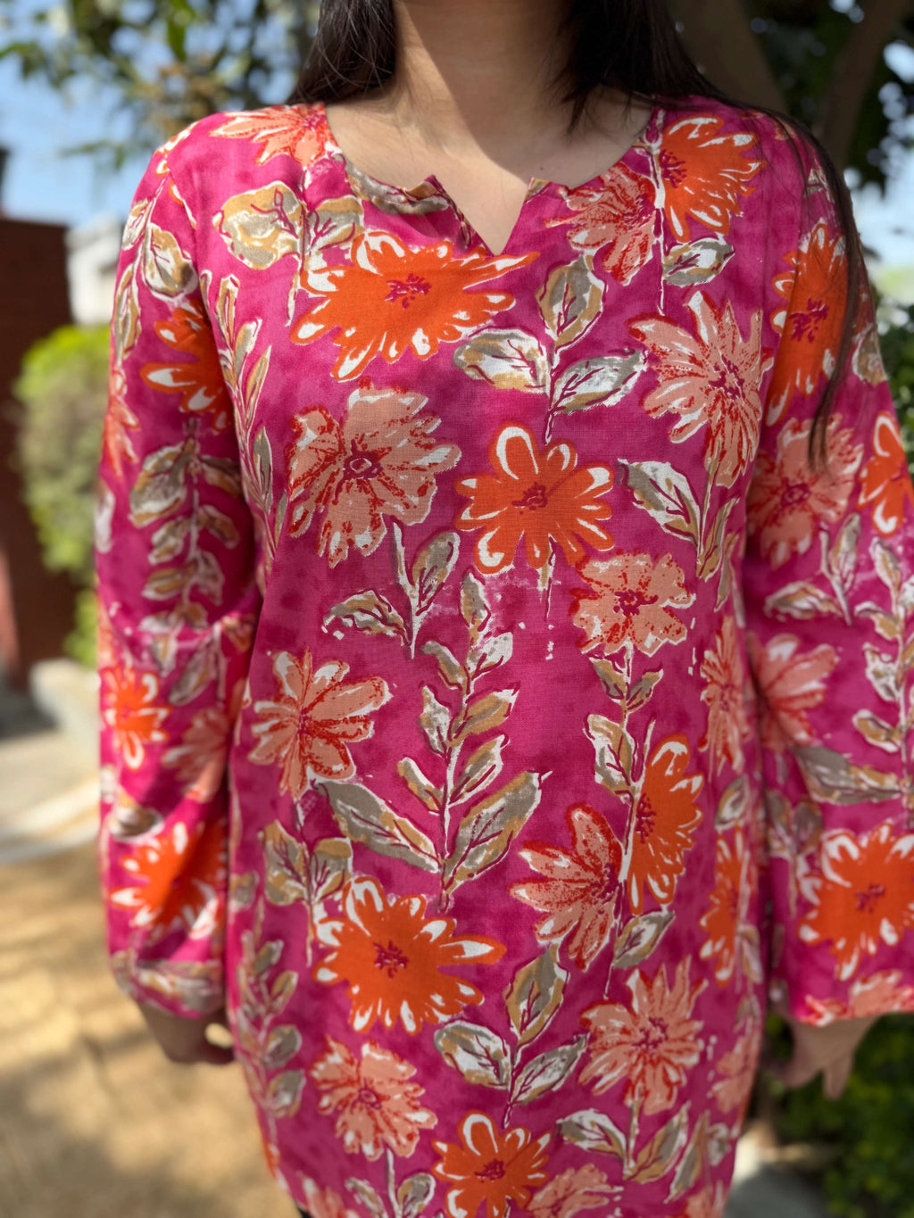 Pink floral rayon short kurti