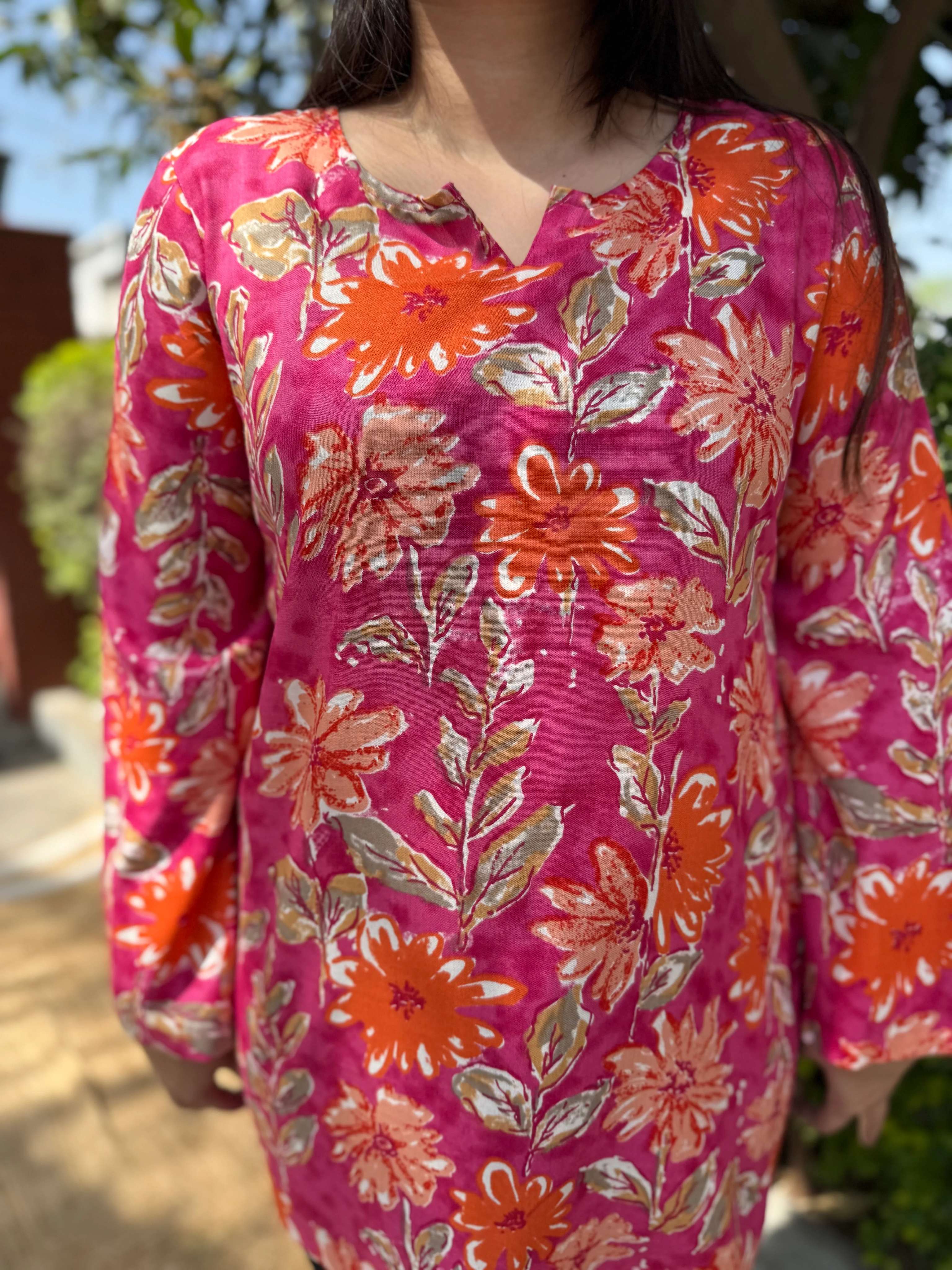 Pink floral rayon short kurti