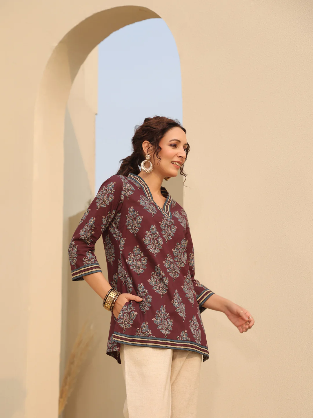 Red Printed Cotton Top Kurti