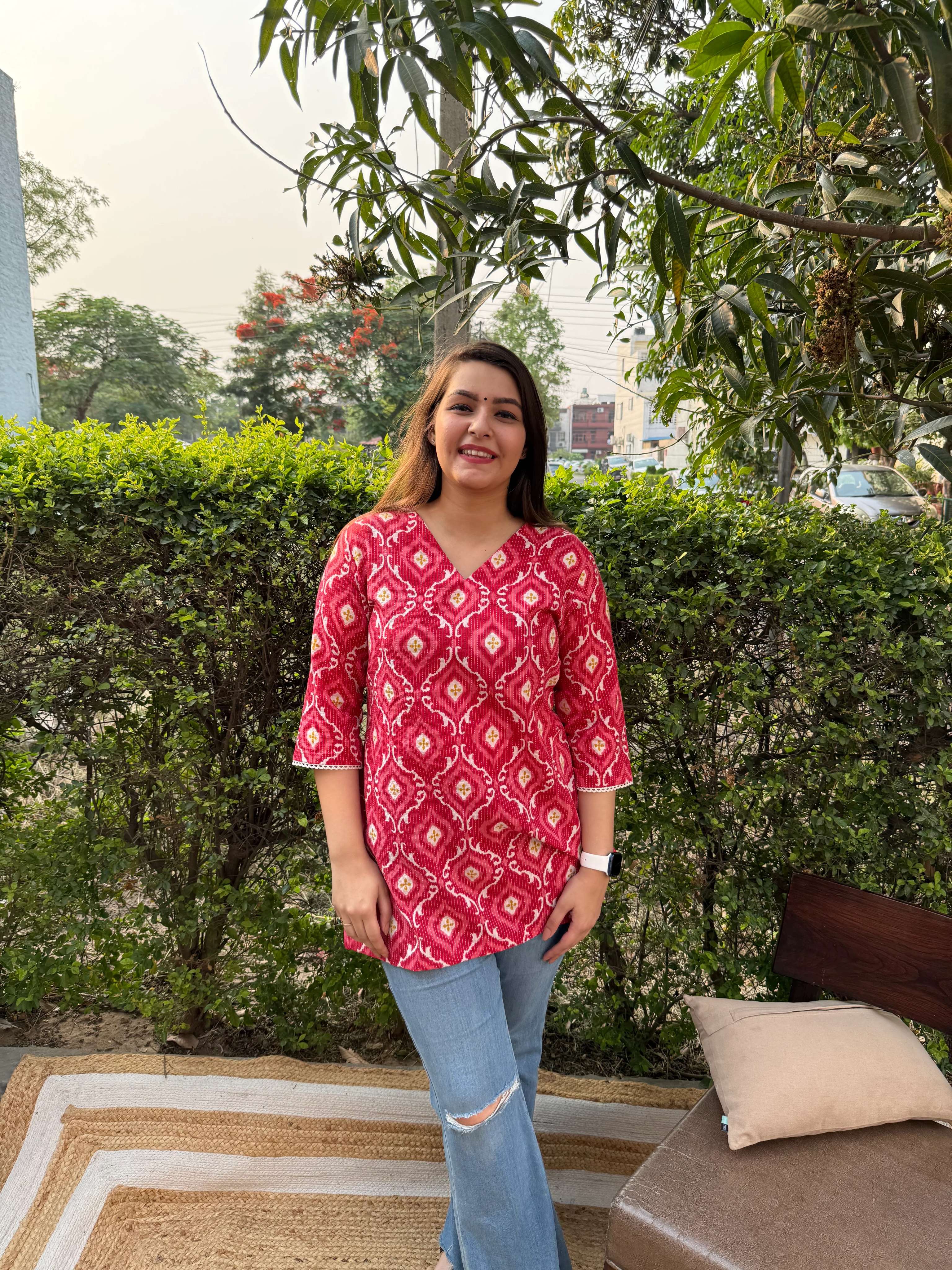 Peach ikkat print kantha kurti