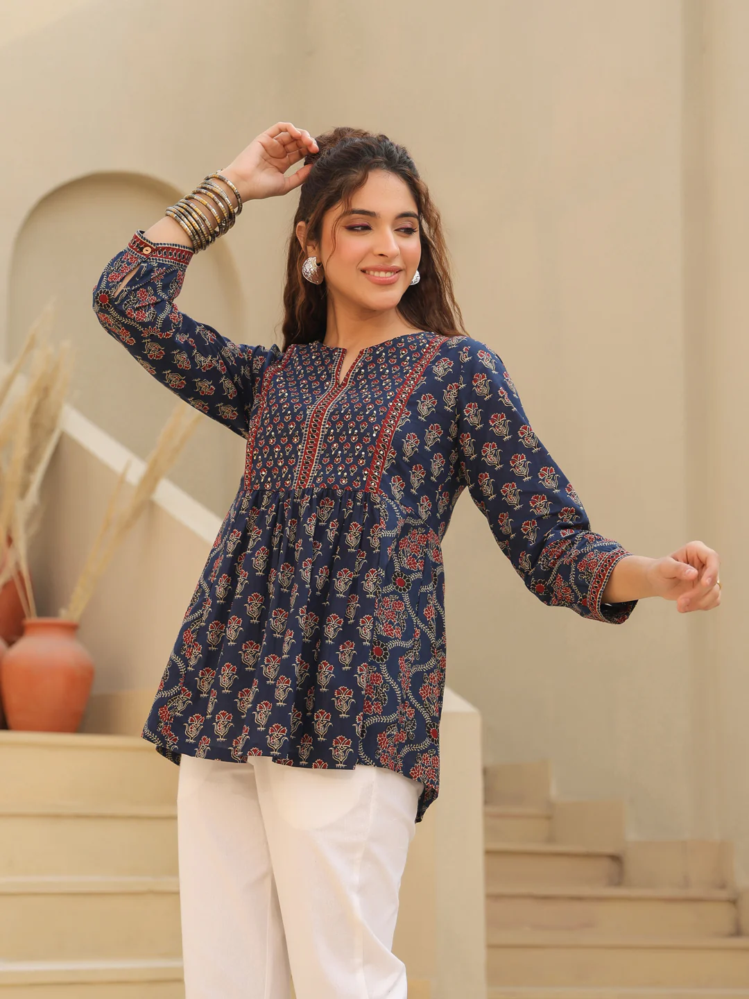 Print Mandarin Collar Cotton Shirt Style Top Blue Kurti