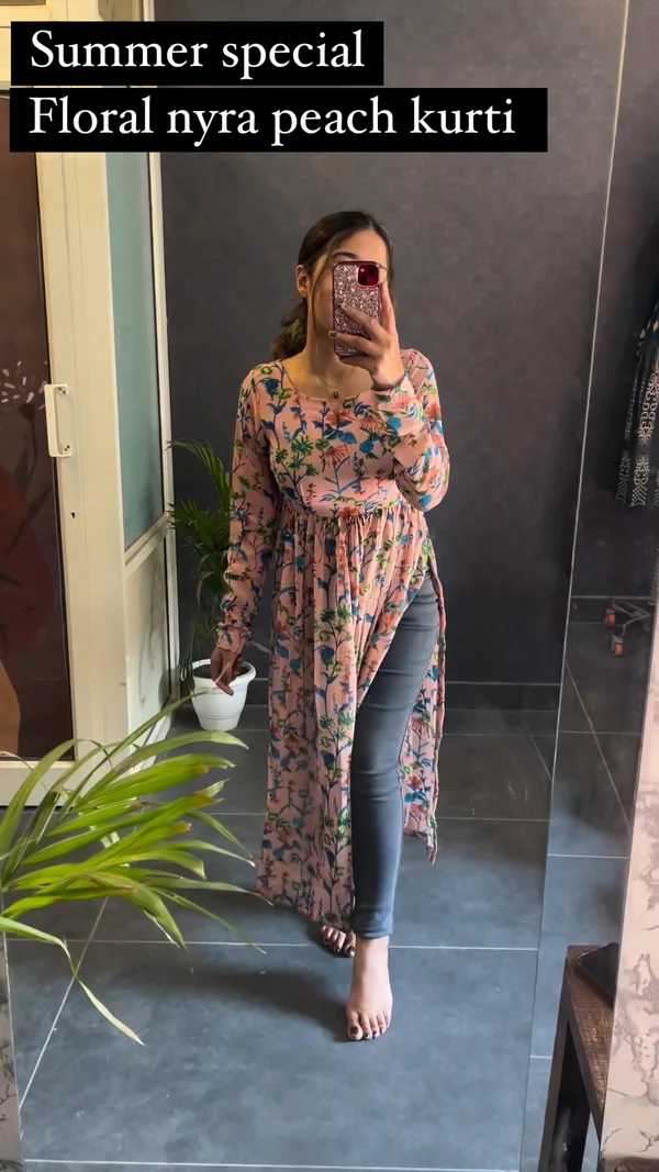 New Red Rayon Printed Less Nayra Cut Kurti