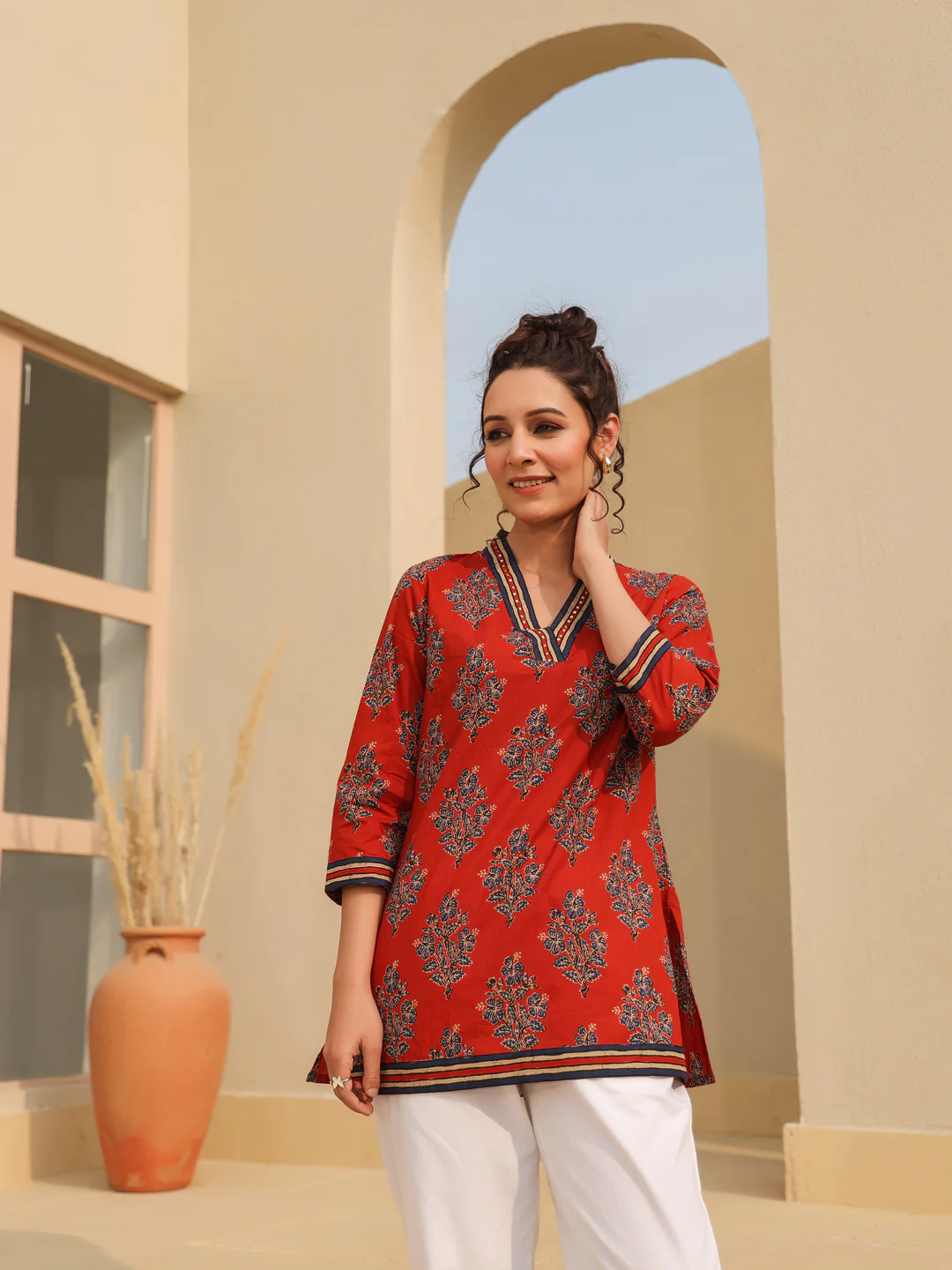 Print Mandarin Collar Cotton Top Kurti