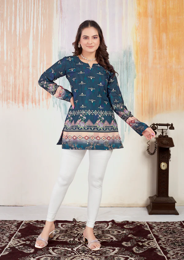Foral Printed Short Cotton Kurtis in Full Sleeves