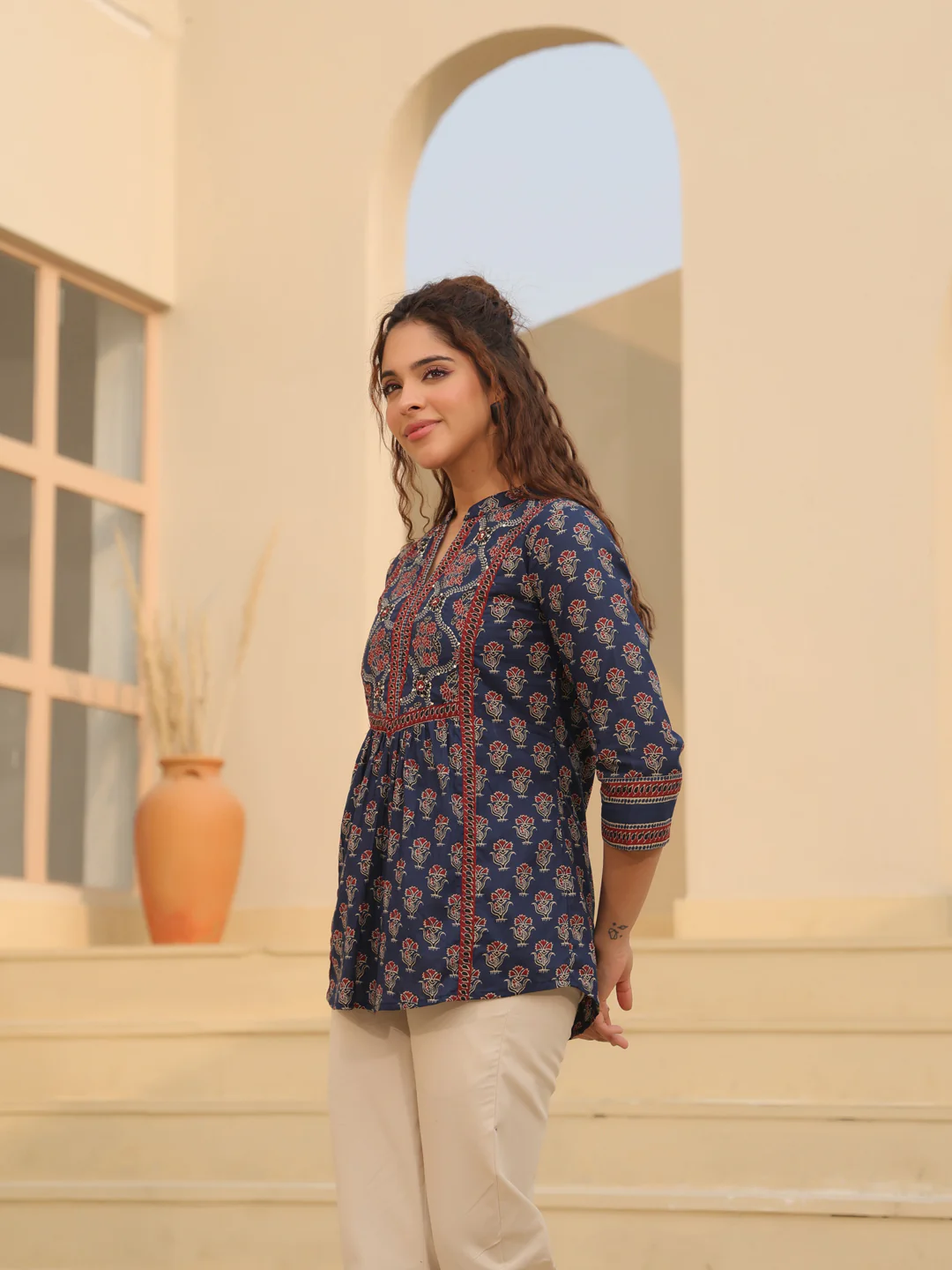 Print Mandarin Collar Cotton Shirt Style Top Kurti