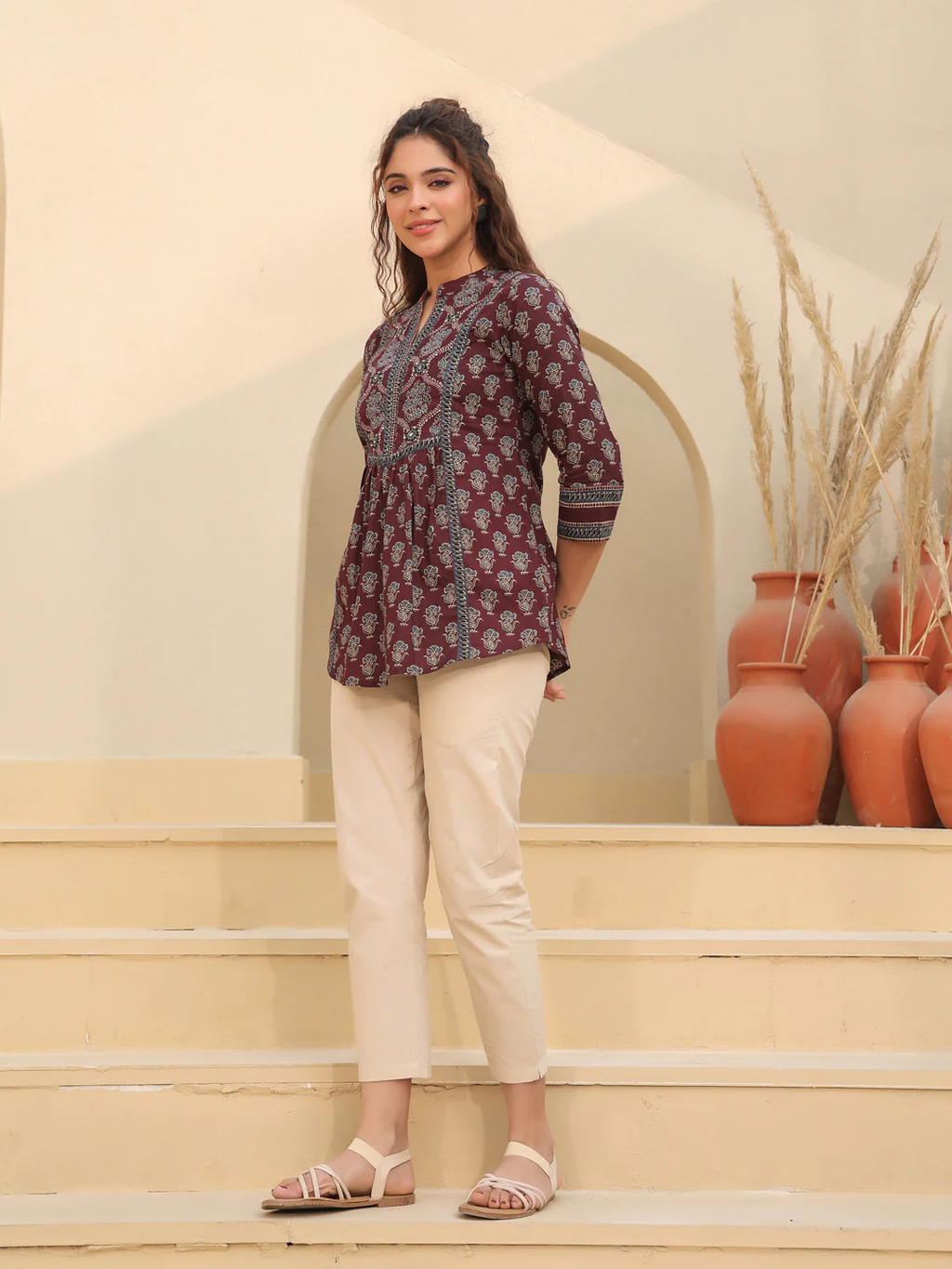 Print Mandarin Collar Cotton Top Kurti