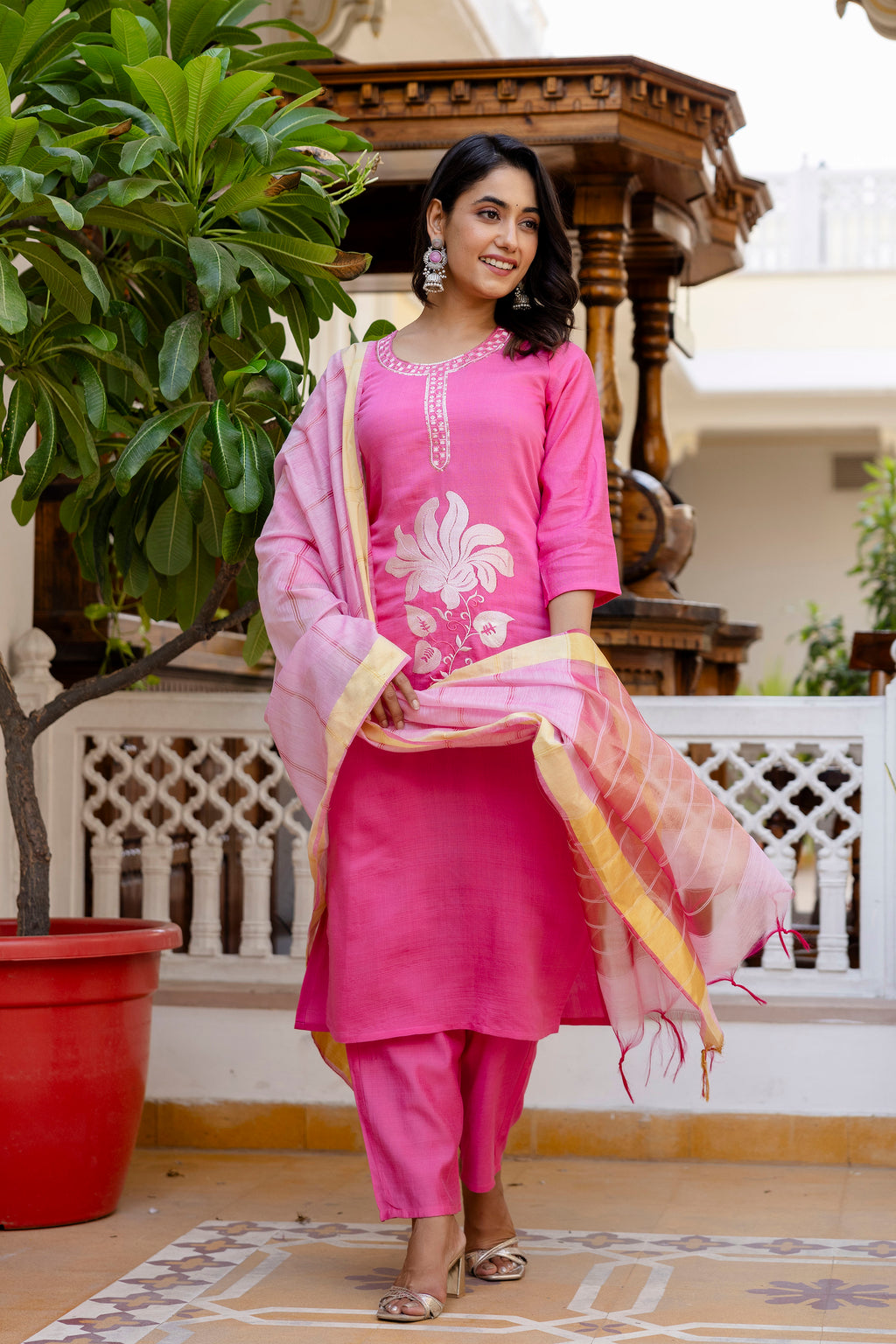Baby Pink Embroidered Jacquard Cotton Straight Kurta Pant Dupatta Suit Set