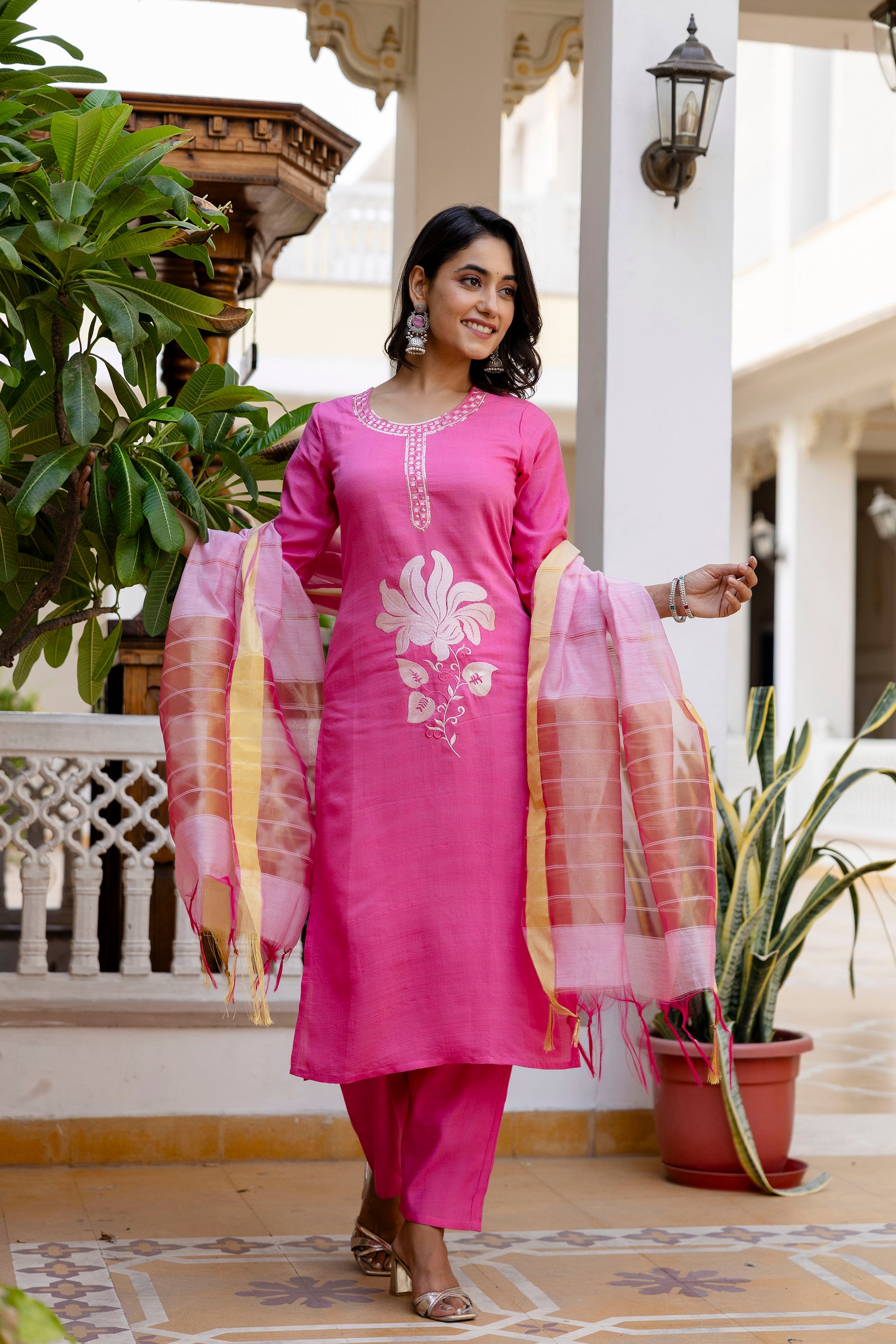 Baby Pink Embroidered Jacquard Cotton Straight Kurta Pant Dupatta Suit Set