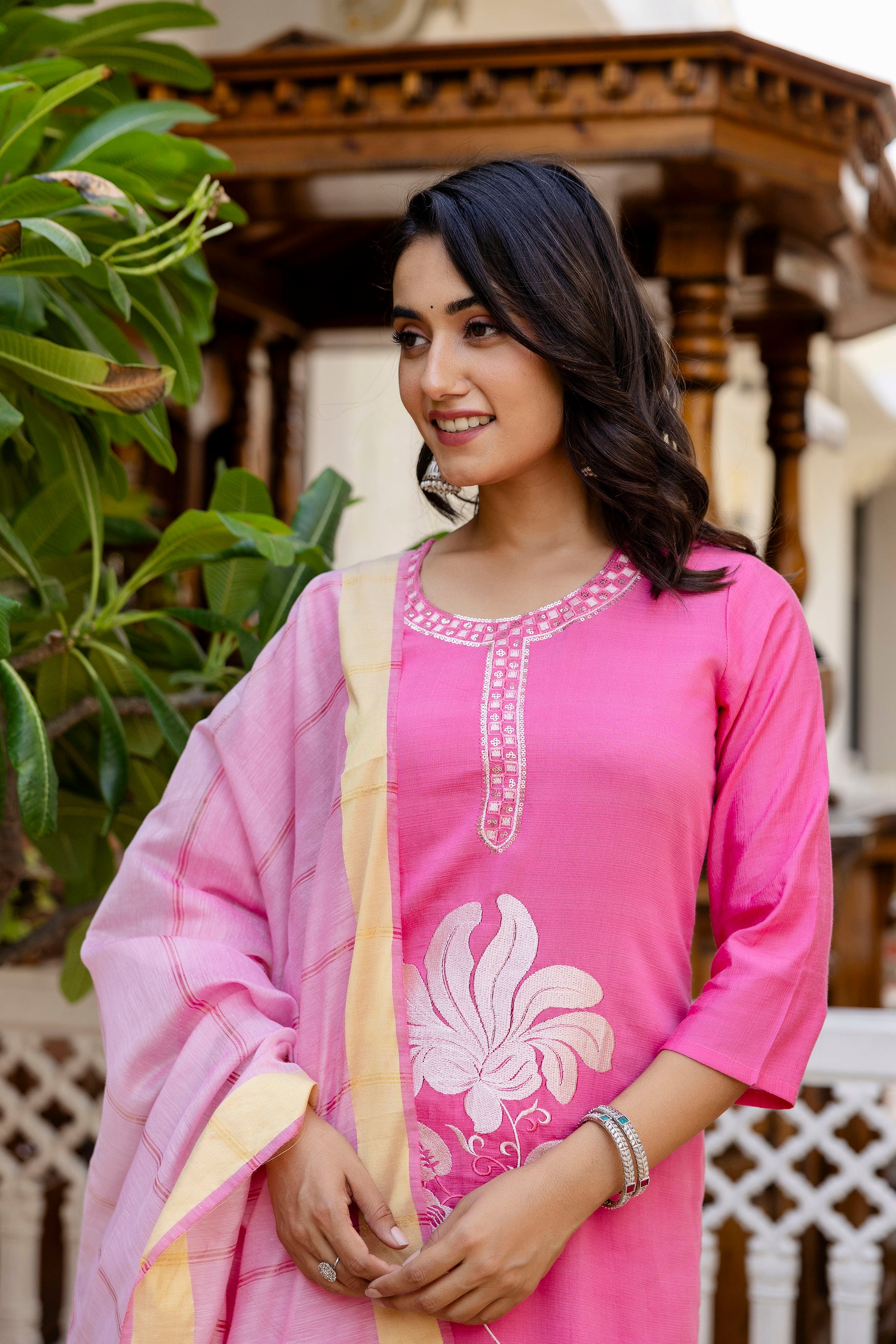 Baby Pink Embroidered Jacquard Cotton Straight Kurta Pant Dupatta Suit Set