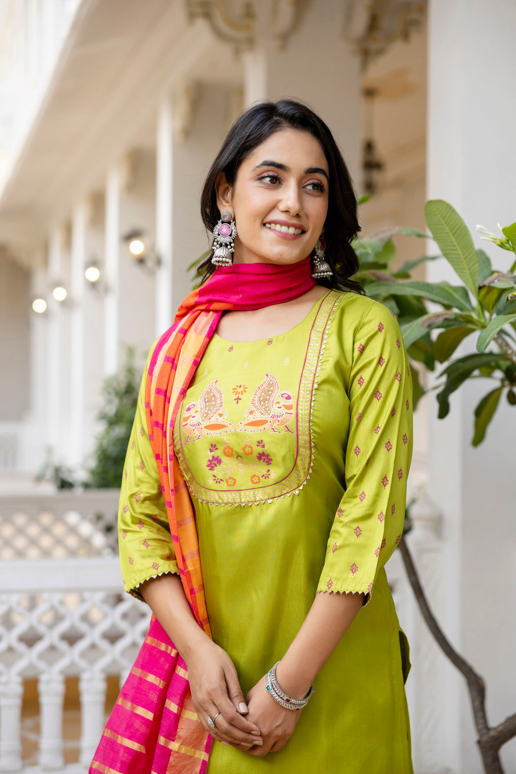 Lime & Pink Tie-Dye Sleeveless Straight Kurta Set with Dupatta for womens