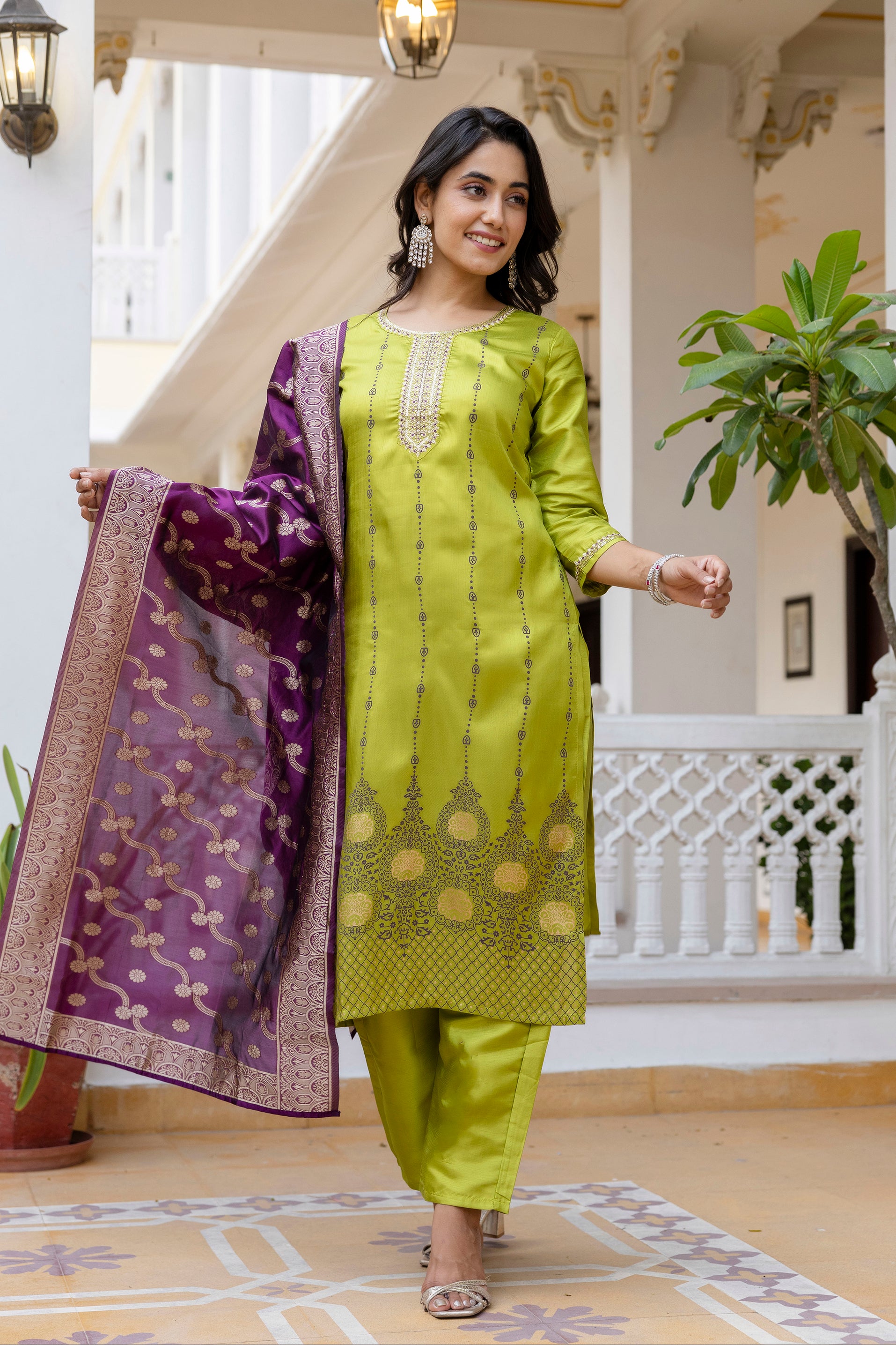 Green Self Design Silk Straight Suit With Dupatta