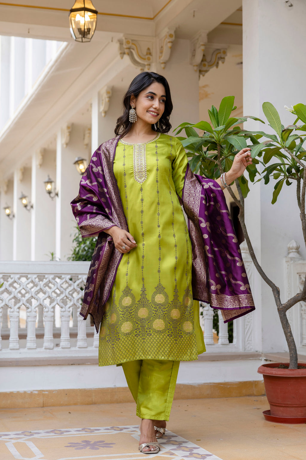 Green Self Design Silk Straight Suit With Dupatta