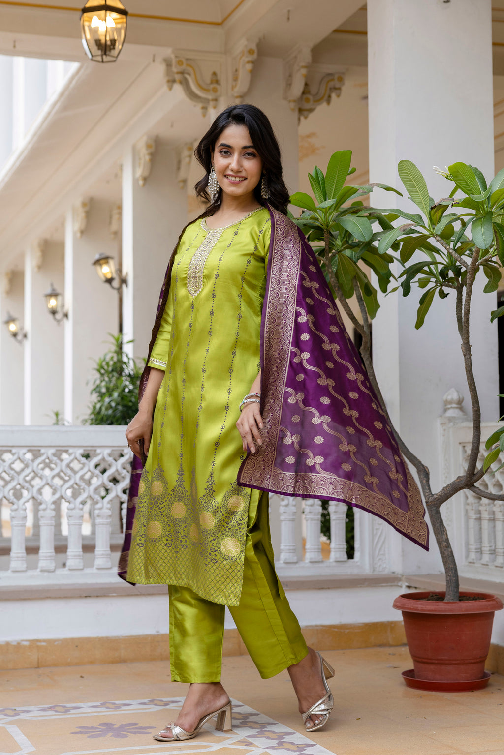 Green Self Design Silk Straight Suit With Dupatta