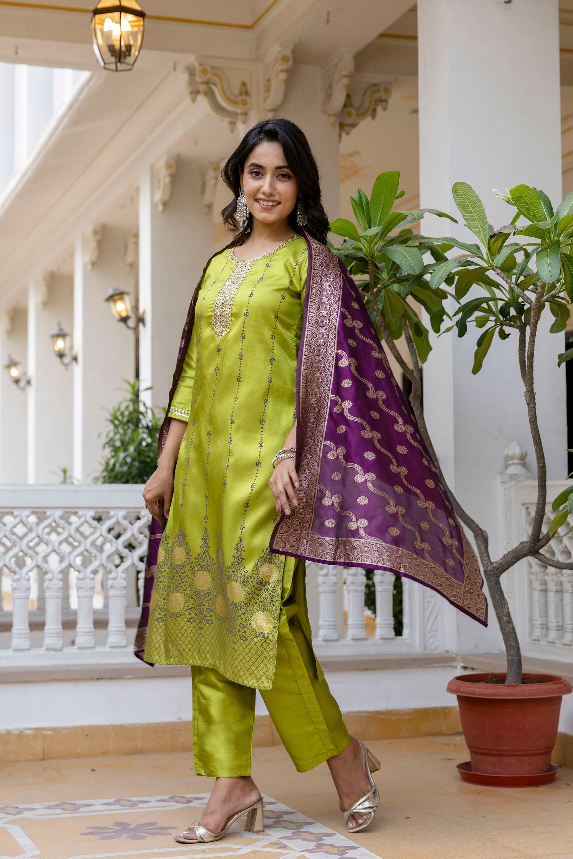 Green Self Design Silk Straight Suit With Dupatta