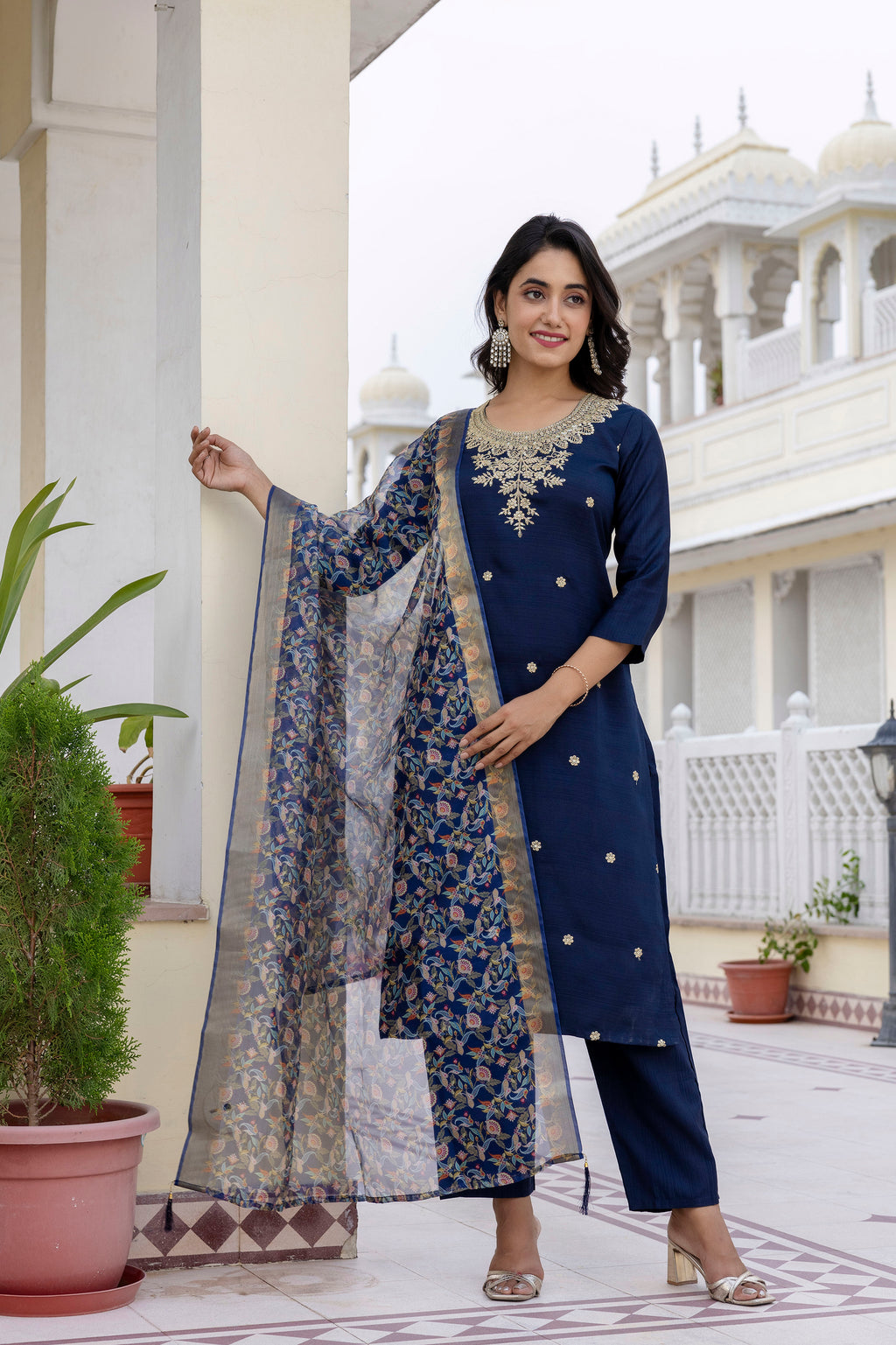 Vegaa Fashion Navy Blue Viscose Rayon Embroidered Salwar Suit