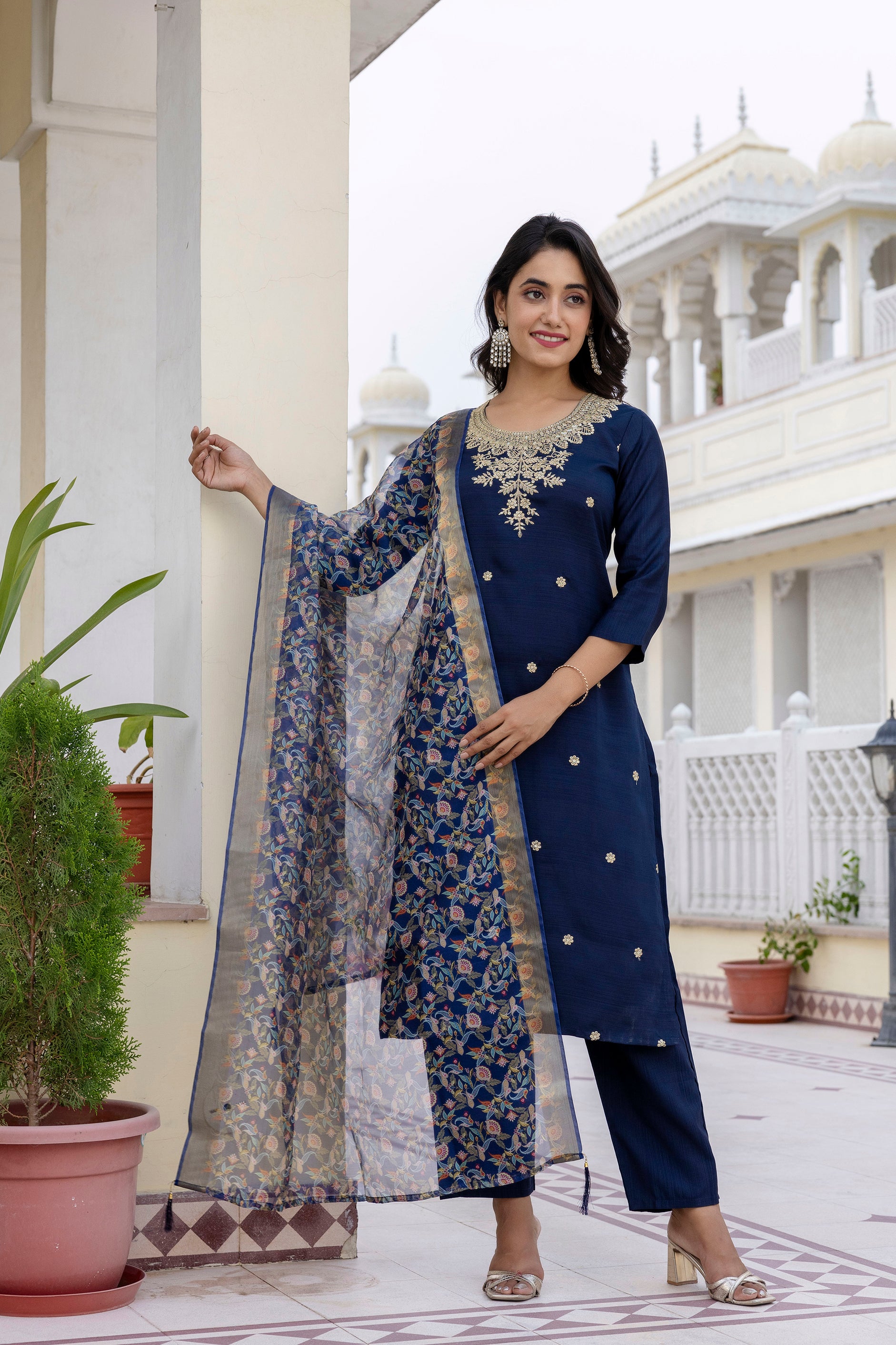 Vegaa Fashion Navy Blue Viscose Rayon Embroidered Salwar Suit