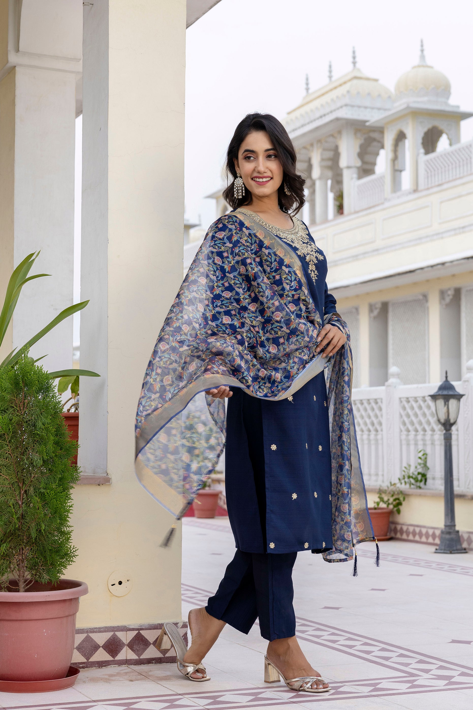 Vegaa Fashion Navy Blue Viscose Rayon Embroidered Salwar Suit