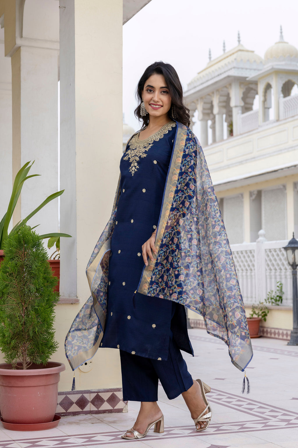 Vegaa Fashion Navy Blue Viscose Rayon Embroidered Salwar Suit