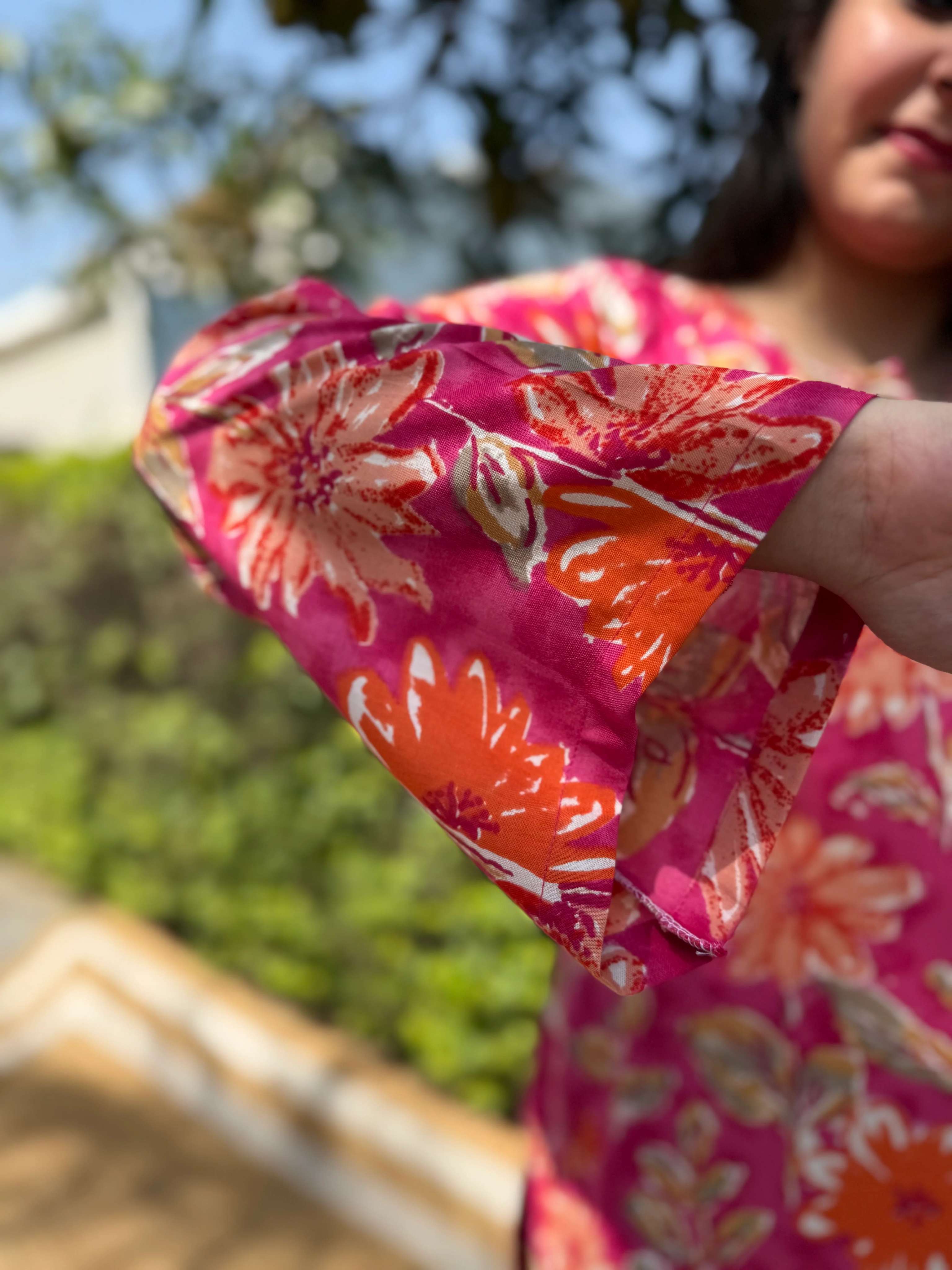 Pink floral rayon short kurti