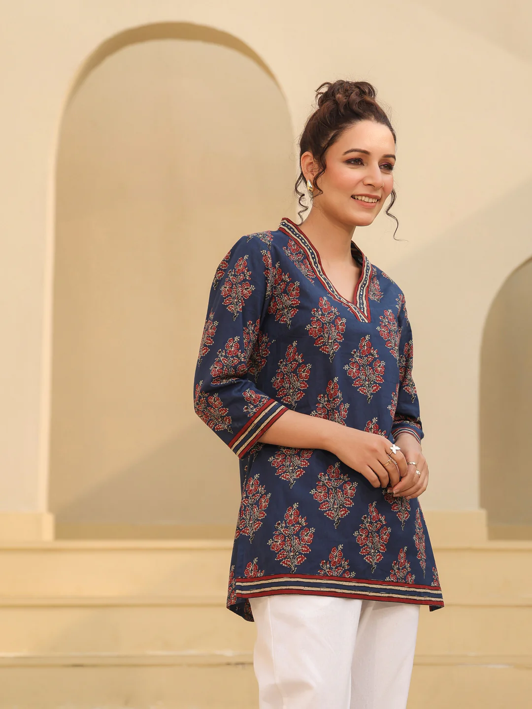 Blue Printed Blue Cotton Top Kurti