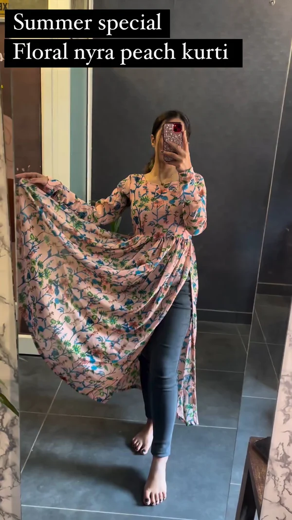 New Red Rayon Printed Less Nayra Cut Kurti