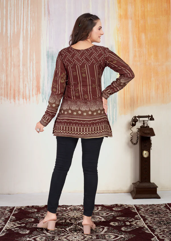 Brown Choko Moko Cotton Printed Short Kurti With Full Sleeves