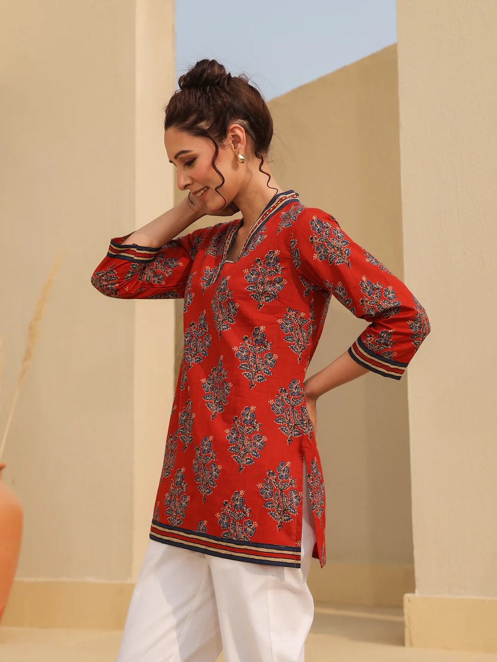 Print Mandarin Collar Cotton Top Kurti