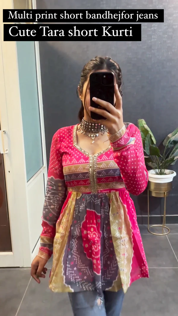 Multi Color Printed Short Bandhej Top