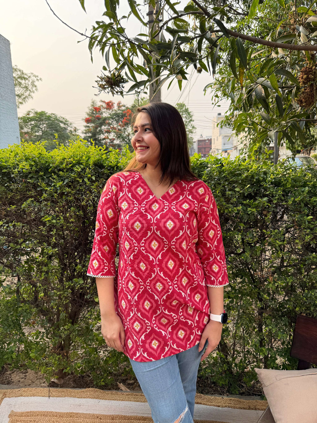 Peach ikkat print kantha kurti
