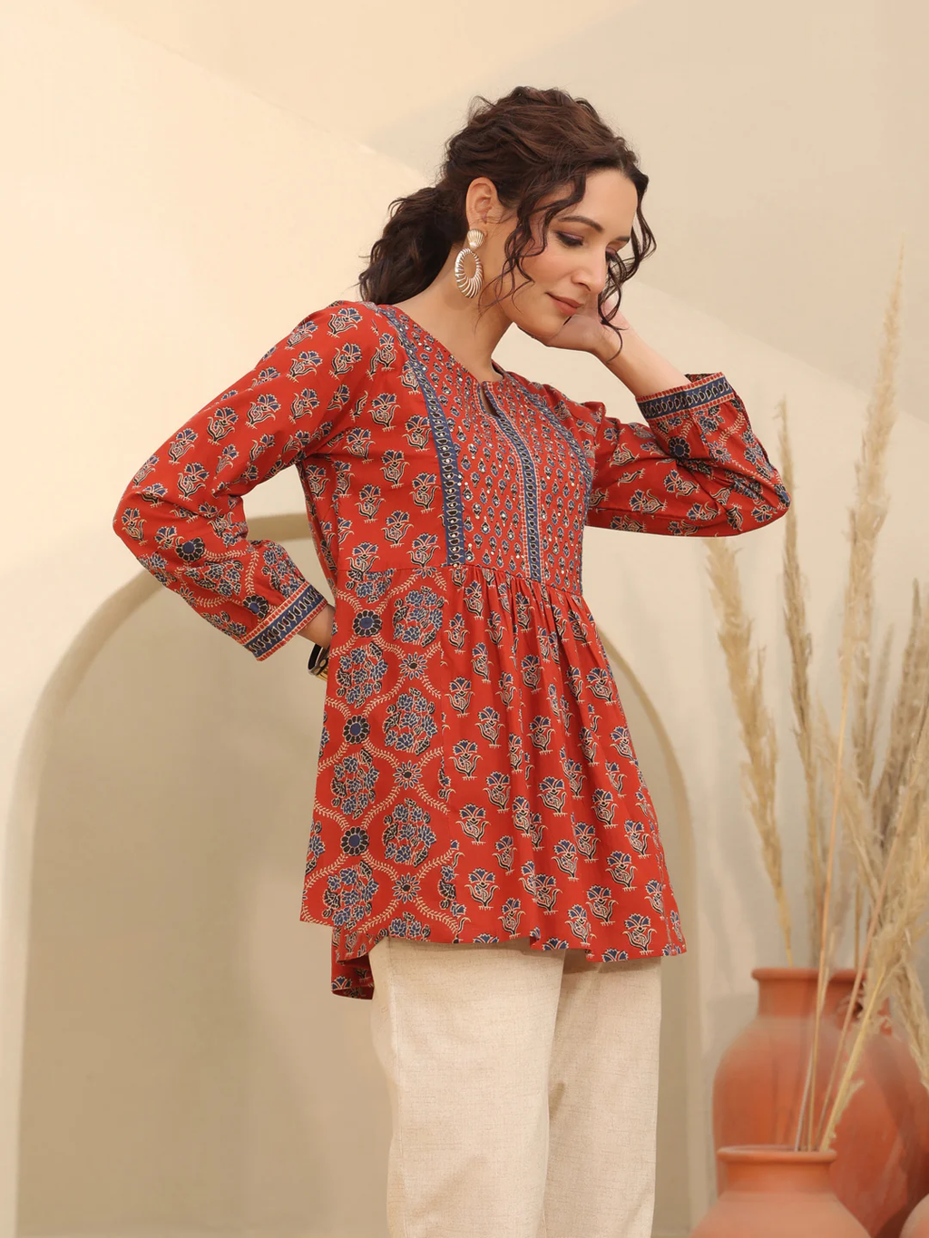 Print Mandarin Collar Cotton Top Kurti