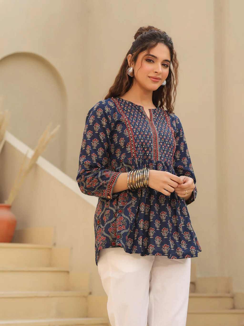 Print Mandarin Collar Cotton Shirt Style Top Blue Kurti