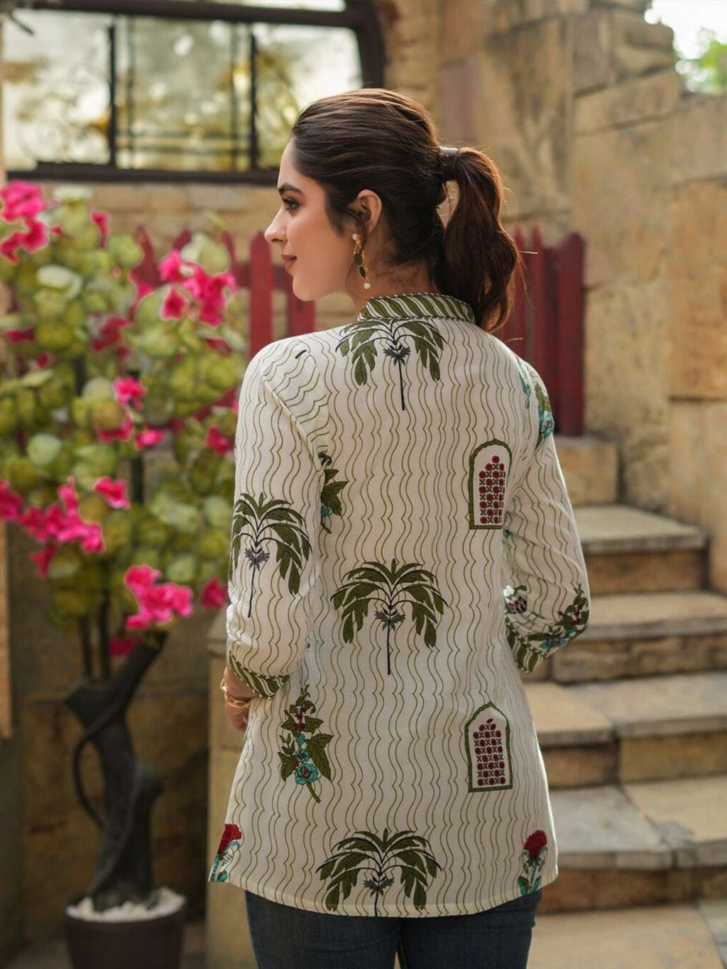 Green & Off White Ethnic Motifs Printed Pure Cotton Kurti
