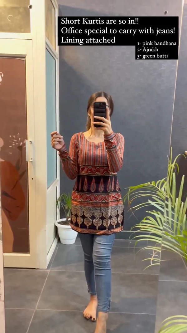 Office Special Short kurtas in Ajrakh Print Lining Attached