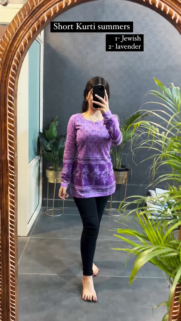 Purple Printed Cotton Short Kurta