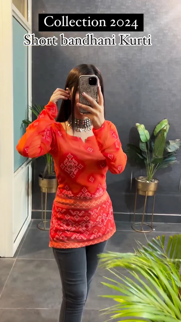 Festive Special Short Rust Orange Bandhani Short Kurti