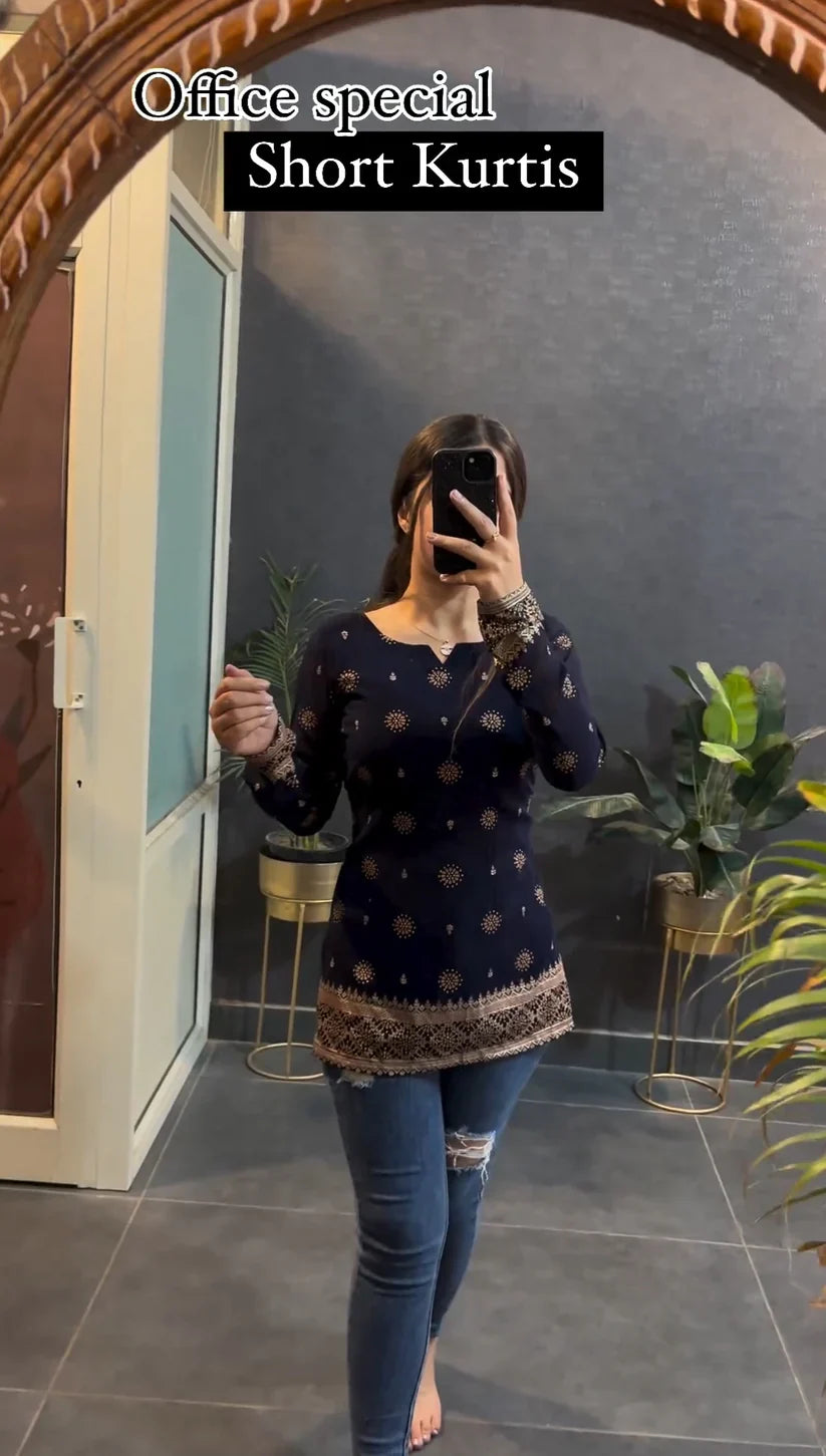 Blue Premium Cotton Printed Short Kurti