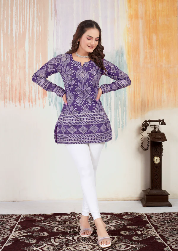 New Bandhani Printed Short Lavender Kurti With Inner