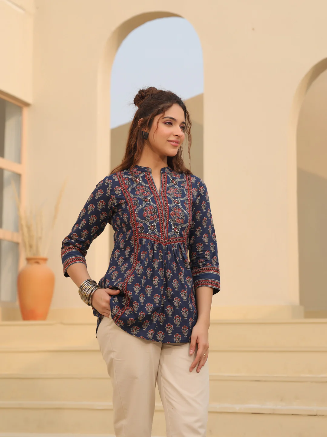 Print Mandarin Collar Cotton Shirt Style Top Kurti