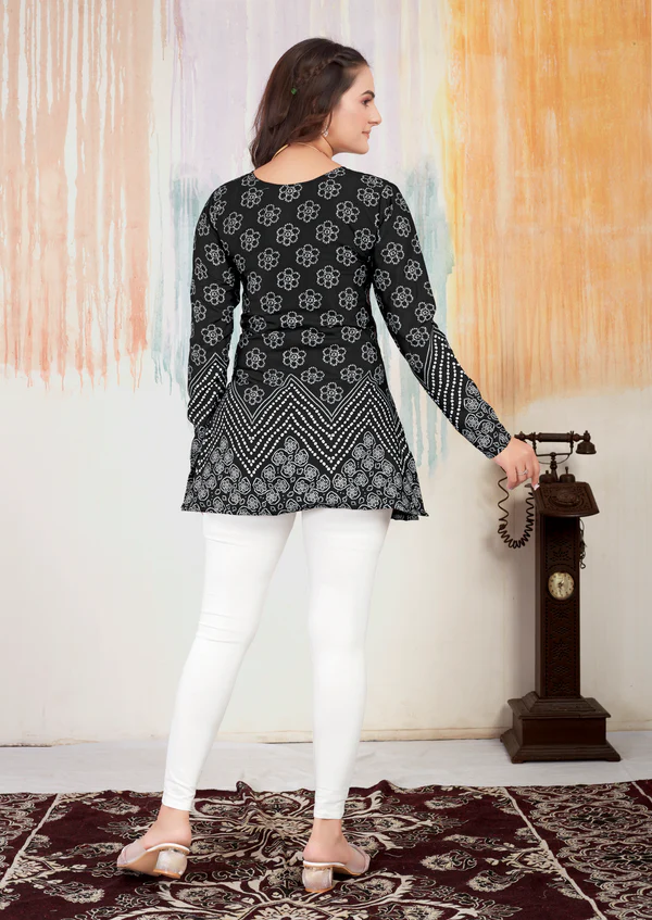 Black Floral Bandhani Printed Short Kurtis