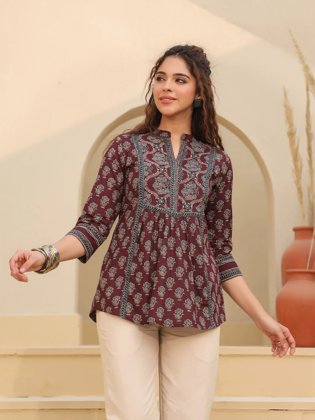 Print Mandarin Collar Cotton Top Kurti